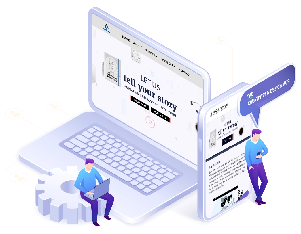 Creative Web Design and Branding Illustration 3D illustration of laptop and mobile showing website design interface with creative agency concept